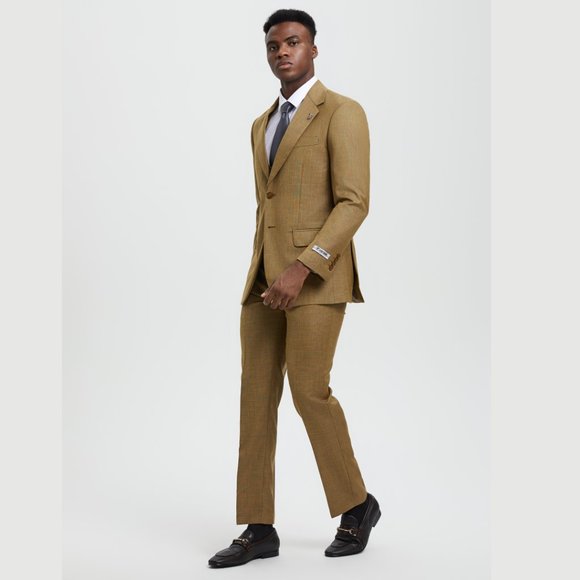 Stacy Adams Sharkskin 3pc Suit w/ Expandable Waistband, Tanned Mustard - Picture 3 of 6